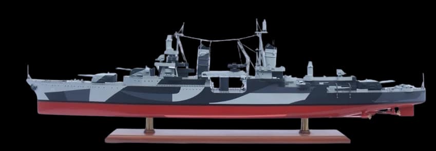 Hand-built warship model on a wooden display stand